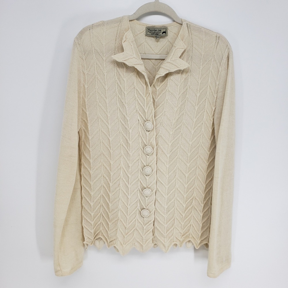 Peruvian Link Baby Alpaca Chevron Knit Cardigan Sweater Women XL Cream Collared